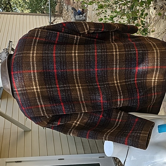 Vintage J CREW Men's Brown Wool Plaid lined chore coat jacket leather collar L - Picture 7 of 15